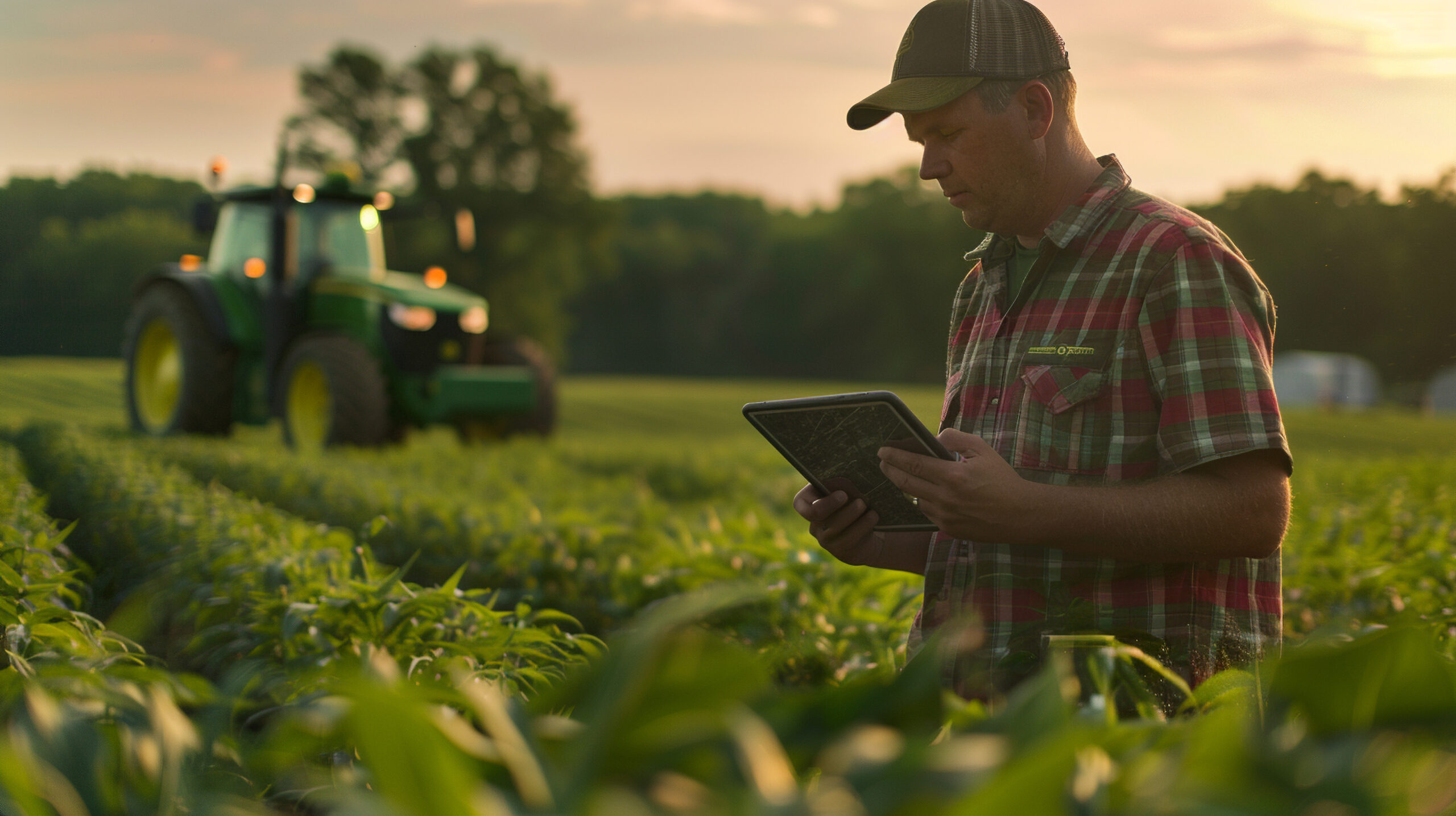 um-homem-de-camisa-xadrez-est-usando-um-tablet-em-um-campo